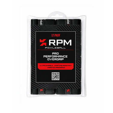 RPM Pro Performance Tacky Overgrip 12-pack black with a thin polyurethane construction for superior grip, moisture control, comfort, and long-lasting performance. Buy at PBC SG.