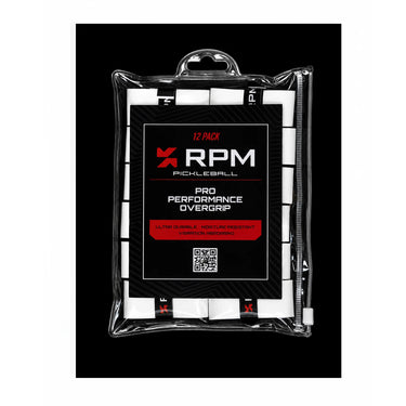 RPM Pro Performance Tacky Overgrip 12-pack white with a thin polyurethane construction for superior grip, moisture control, comfort, and long-lasting performance. Buy at PBC SG.