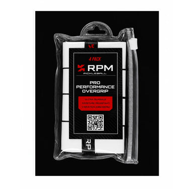 RPM Pro Performance Tacky Overgrip 4-pack white with a thin polyurethane construction for superior grip, moisture control, comfort, and long-lasting performance. Buy at PBC SG.